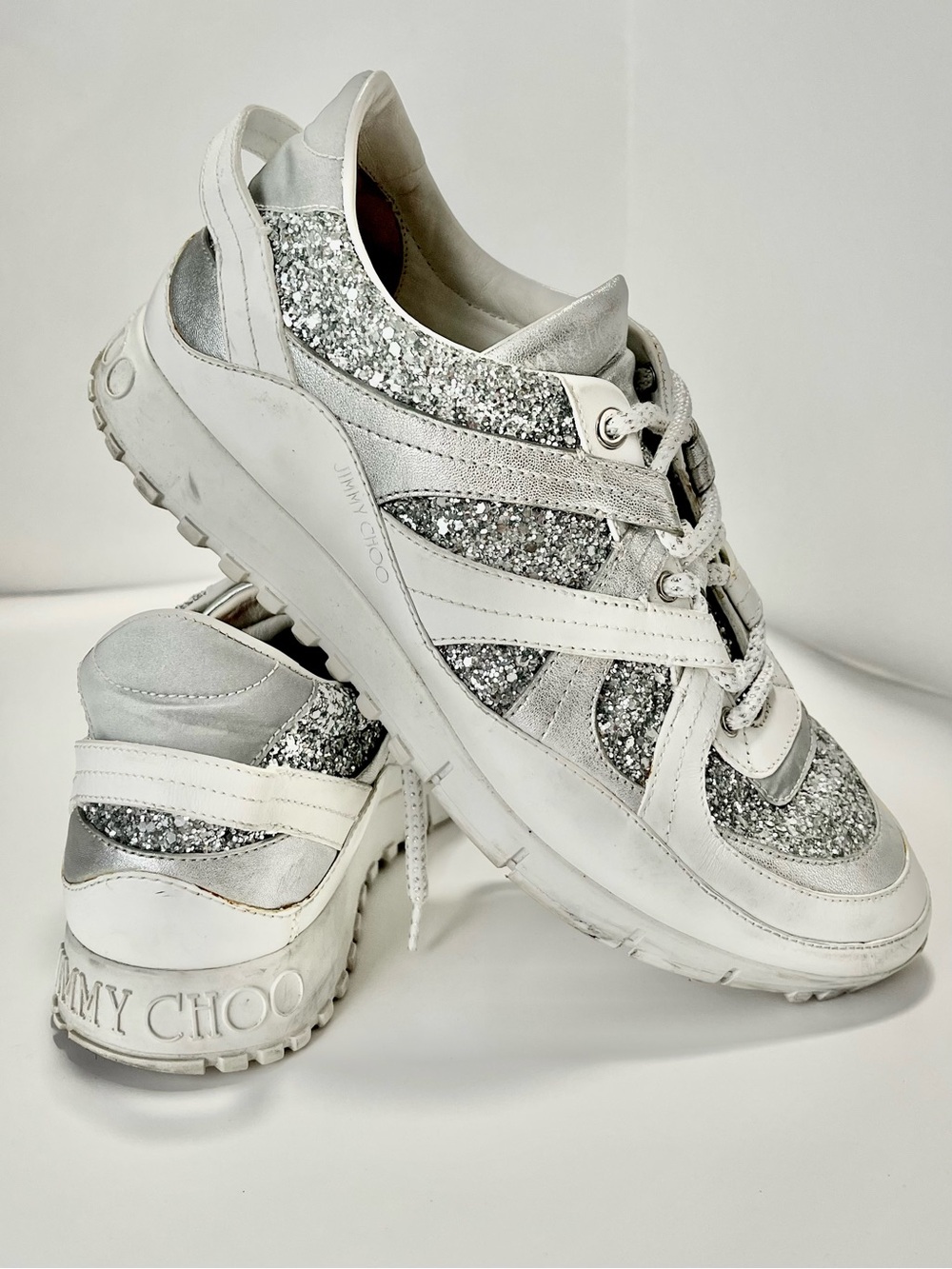 Y2K Cyber Silver Glitz Chunky Leather Trainer Needs Cleaning Miami 38 Jimmy Choo